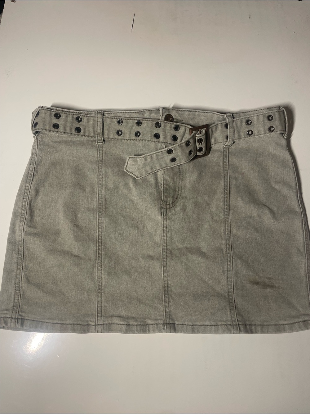 Women's Washed Gray Denim Mini Skirt with Belt